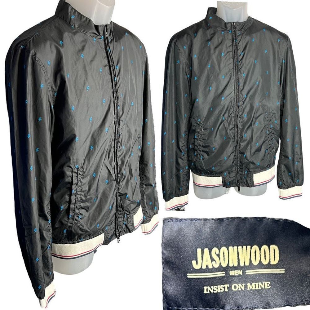 Jasonwood Jacket Men Large Black Full Zip Lightning Bolt Long Sleeve Windbreaker